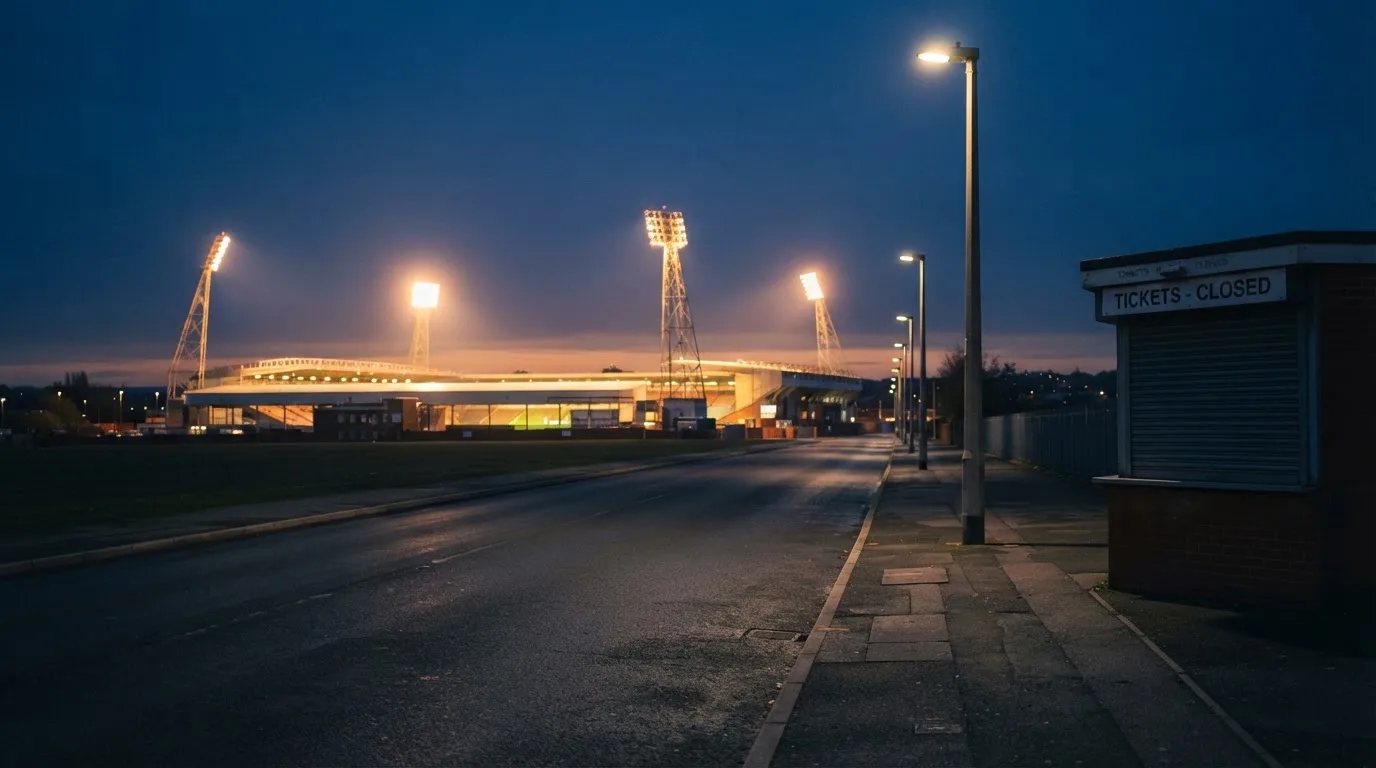 Ein Stadion unter Flutlicht aus großer Entfernung, davor eine leere Straße in der Abenddämmerung.
