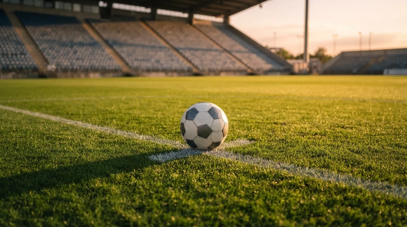 Ein Fußball liegt auf dem Anstoßpunkt eines Rasenplatzes, dahinter eine leere Tribüne im Abendlicht.