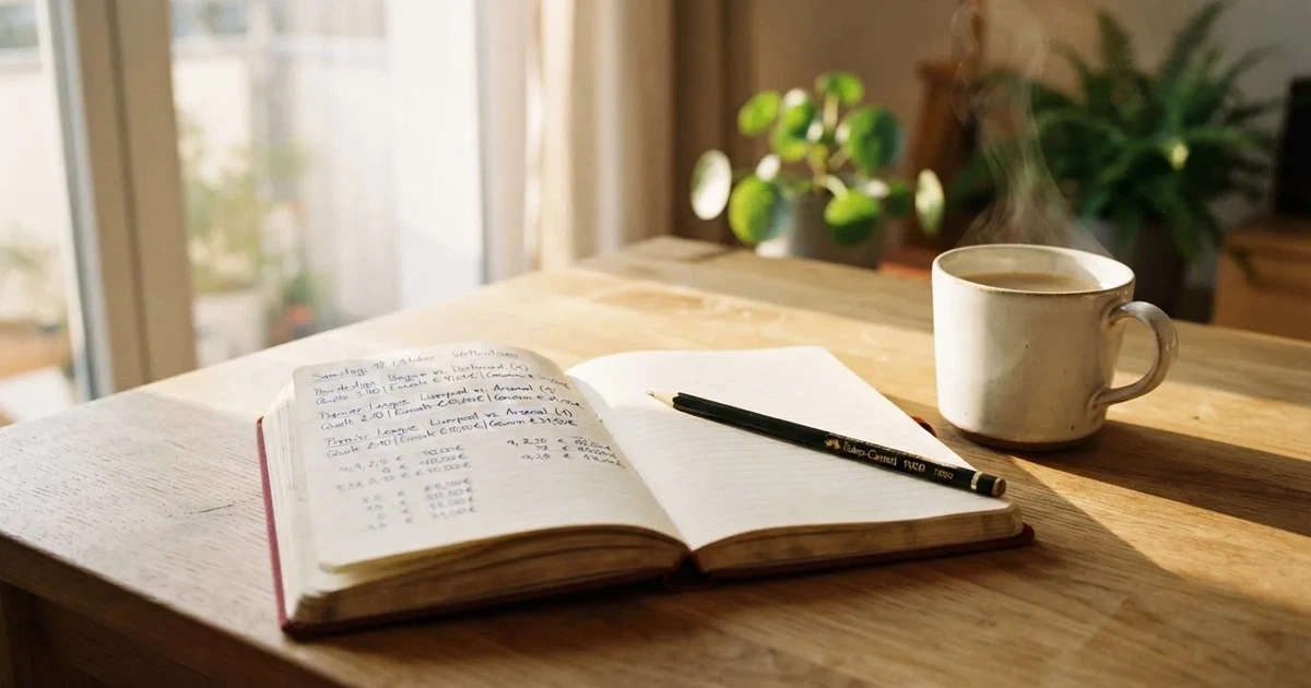 Eine Kaffeetasse, ein Notizbuch mit handschriftlichen Notizen und ein Bleistift auf einem hellen Schreibtisch am Morgen.