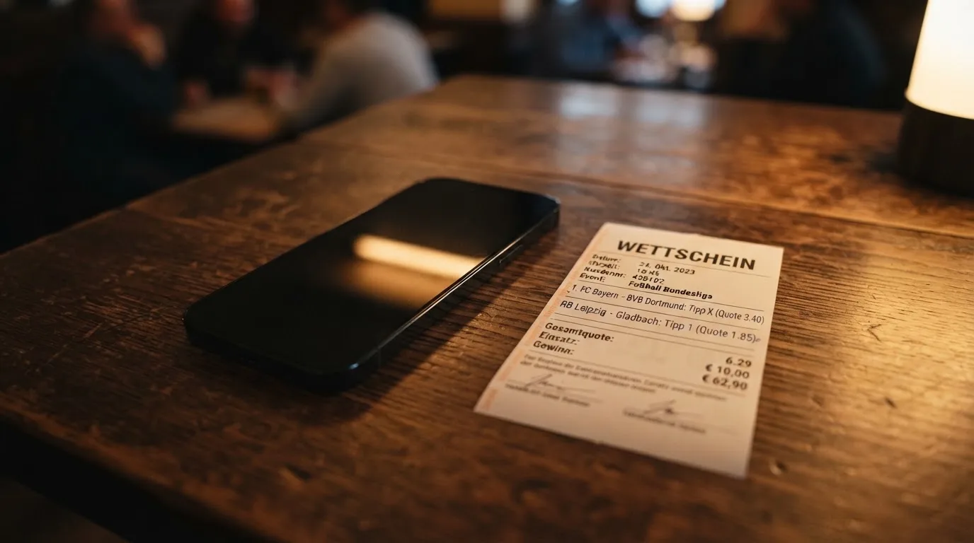Ein Smartphone mit dunklem Display liegt neben einem leeren Papier-Wettschein auf einem Holztisch, Licht fällt von der Seite.