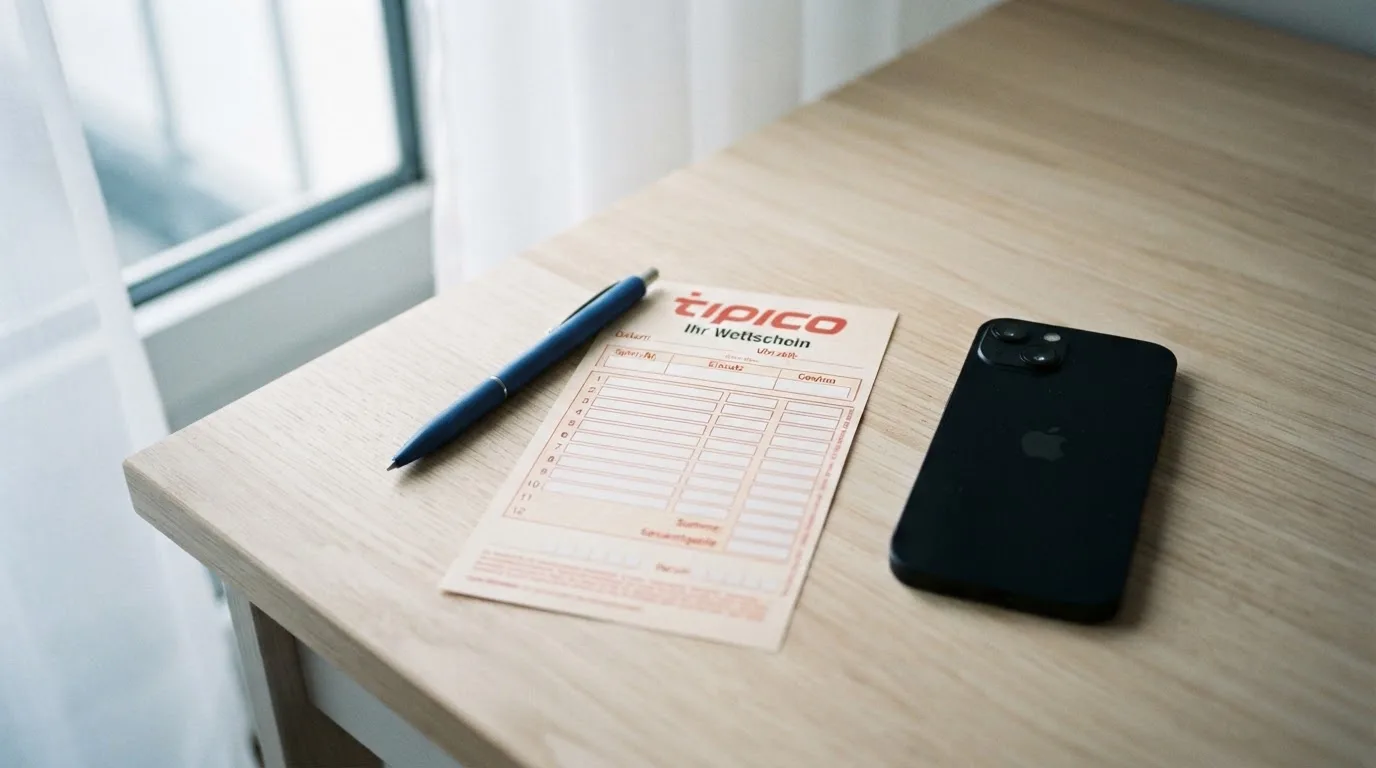 Ein leerer Papier-Wettschein und ein Kugelschreiber liegen neben einem Smartphone mit dunklem Display auf einem Schreibtisch am Fenster.