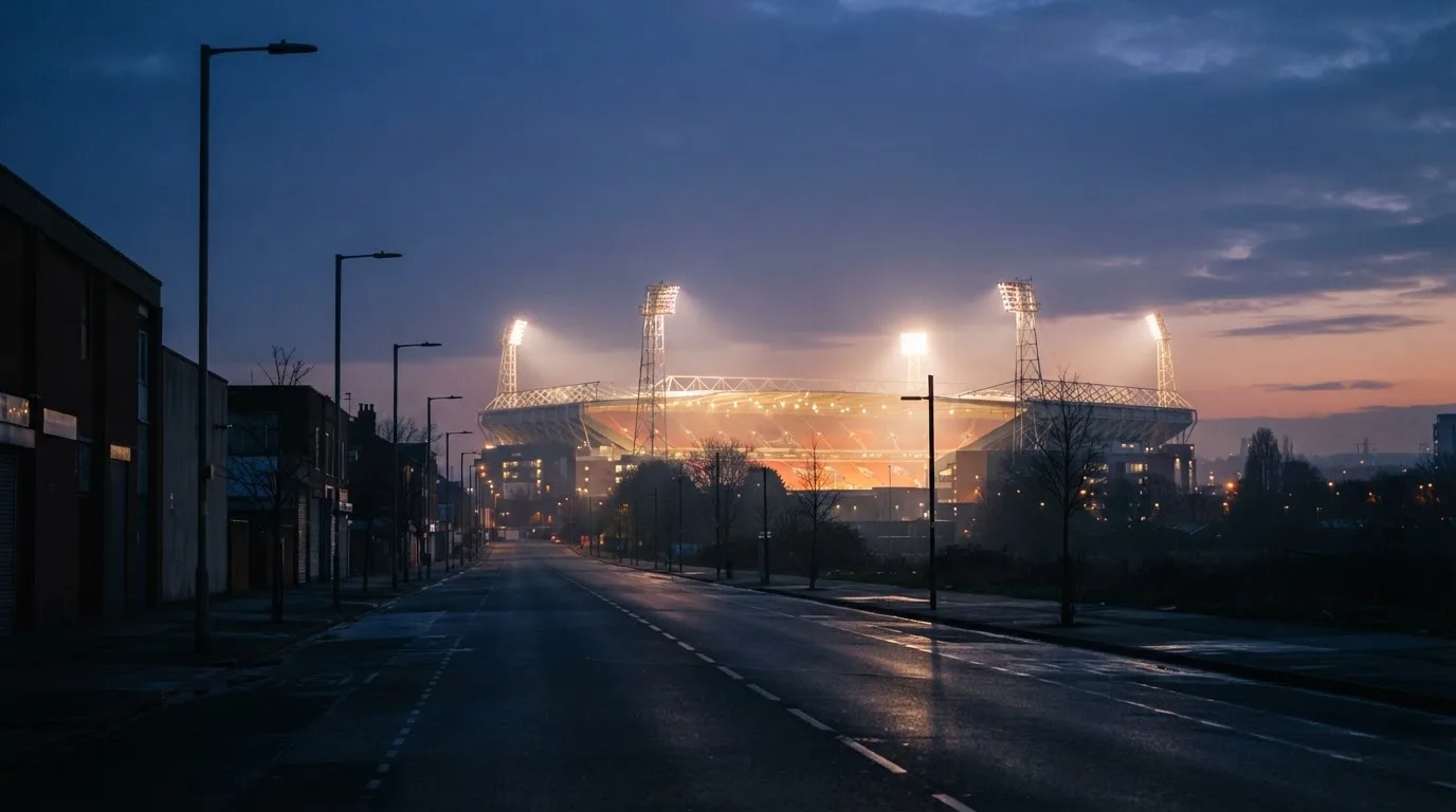 Ein Stadion unter Flutlicht aus großer Entfernung, davor eine leere Straße in der Abenddämmerung.
