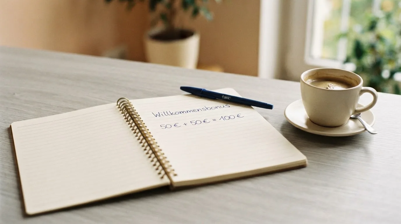 Ein Notizbuch mit handschriftlichen Notizen und ein Taschenrechner stehen auf einem Schreibtisch, daneben eine Tasse.