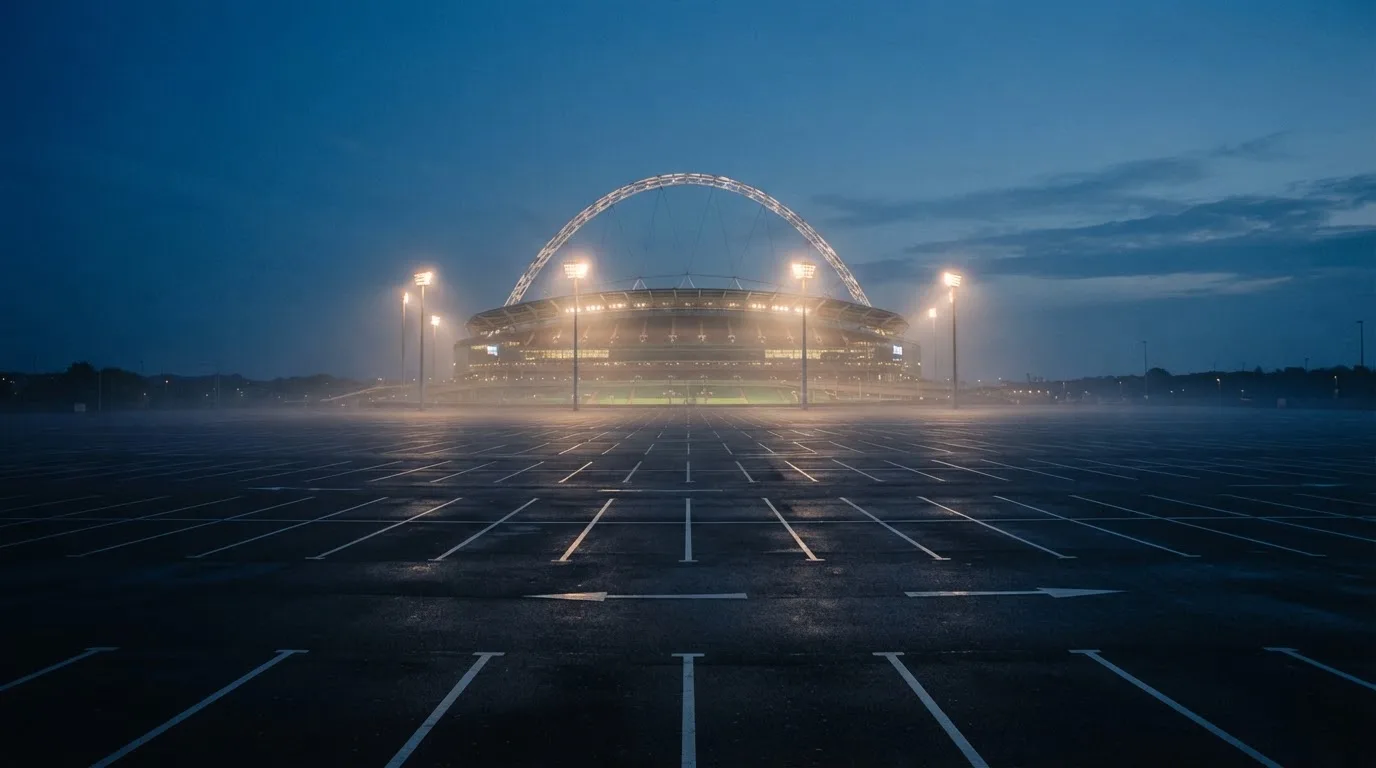 Ein Stadion unter Flutlicht aus der Ferne gesehen, davor ein leerer Parkplatz im Dunst.
