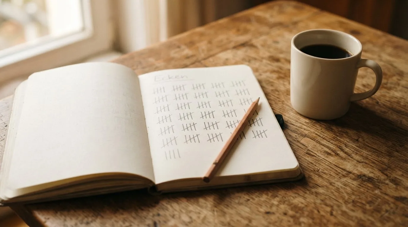 Ein Notizbuch mit handgeschriebenen Strichlisten liegt neben einem Bleistift und einer Kaffeetasse auf einem Holztisch.