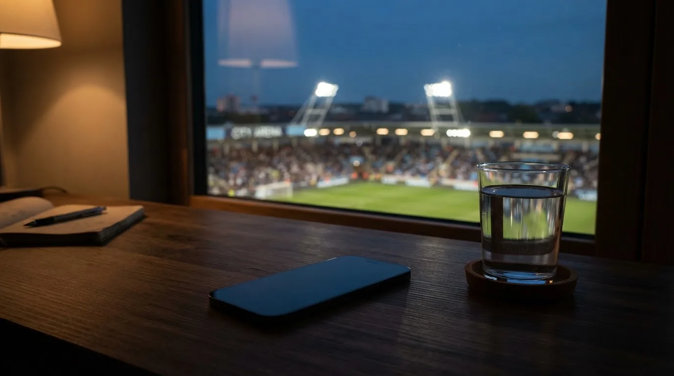 Ein Smartphone mit dunklem Display liegt auf einem Schreibtisch neben einem Glas Wasser, im Fenster dahinter ein Stadion im Dämmerlicht.