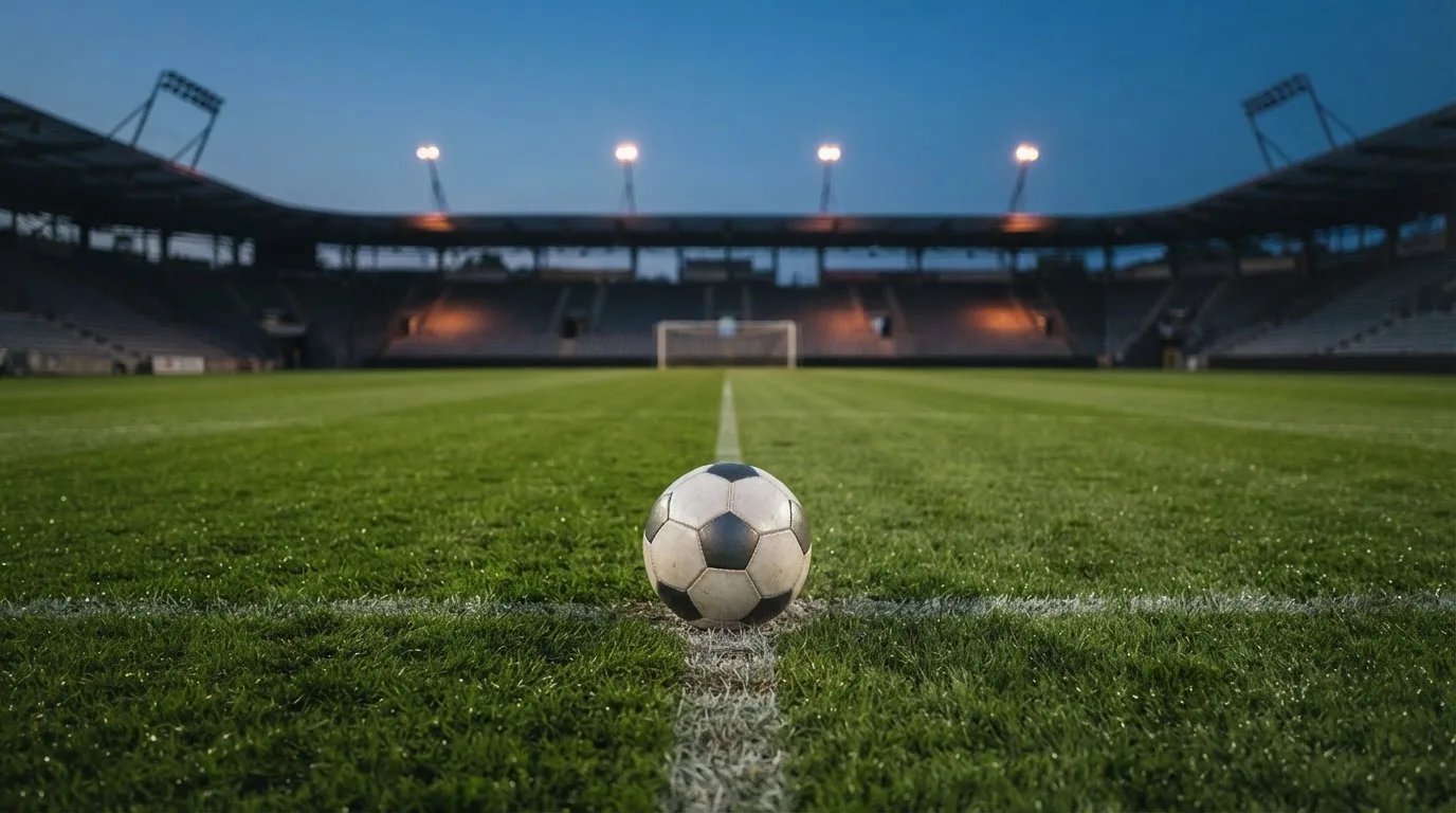 Ein Fußball liegt auf dem Mittelkreis eines leeren Rasenplatzes unter Flutlicht am frühen Abend, die Tribünen sind nur schemenhaft zu erkennen.