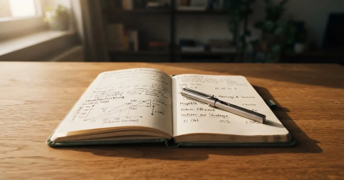 Ein aufgeschlagenes Notizbuch mit handgezeichneten Kurven und Strichen liegt neben einem Taschenrechner auf einem Schreibtisch im Morgenlicht.