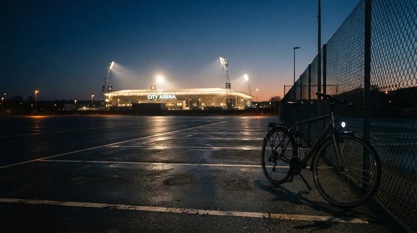 Ein Stadion unter Flutlicht aus der Ferne gesehen, davor ein dunkler Parkplatz und ein einzelnes Fahrrad an einem Zaun.