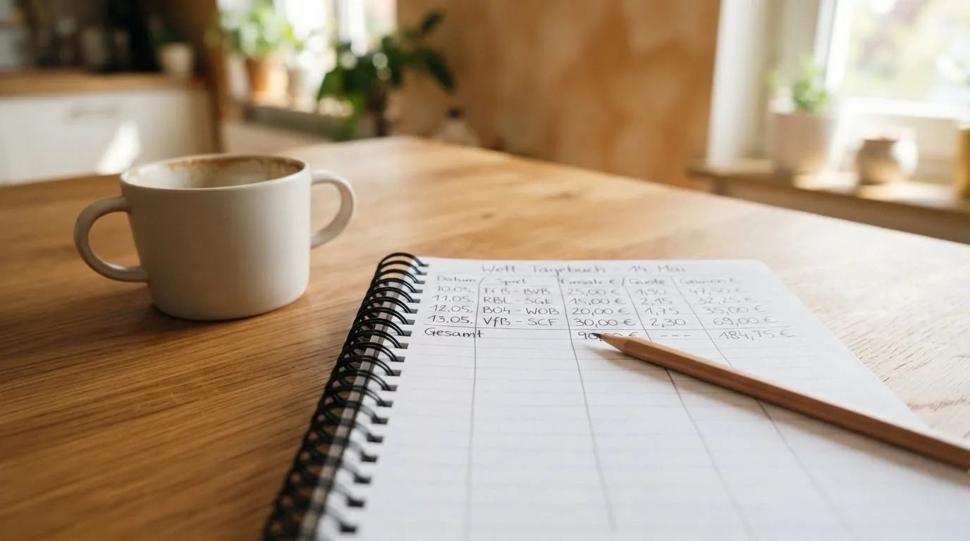 Ein Notizbuch mit handschriftlichen Zahlenreihen und ein Bleistift liegen auf einem Küchentisch neben einer Tasse.