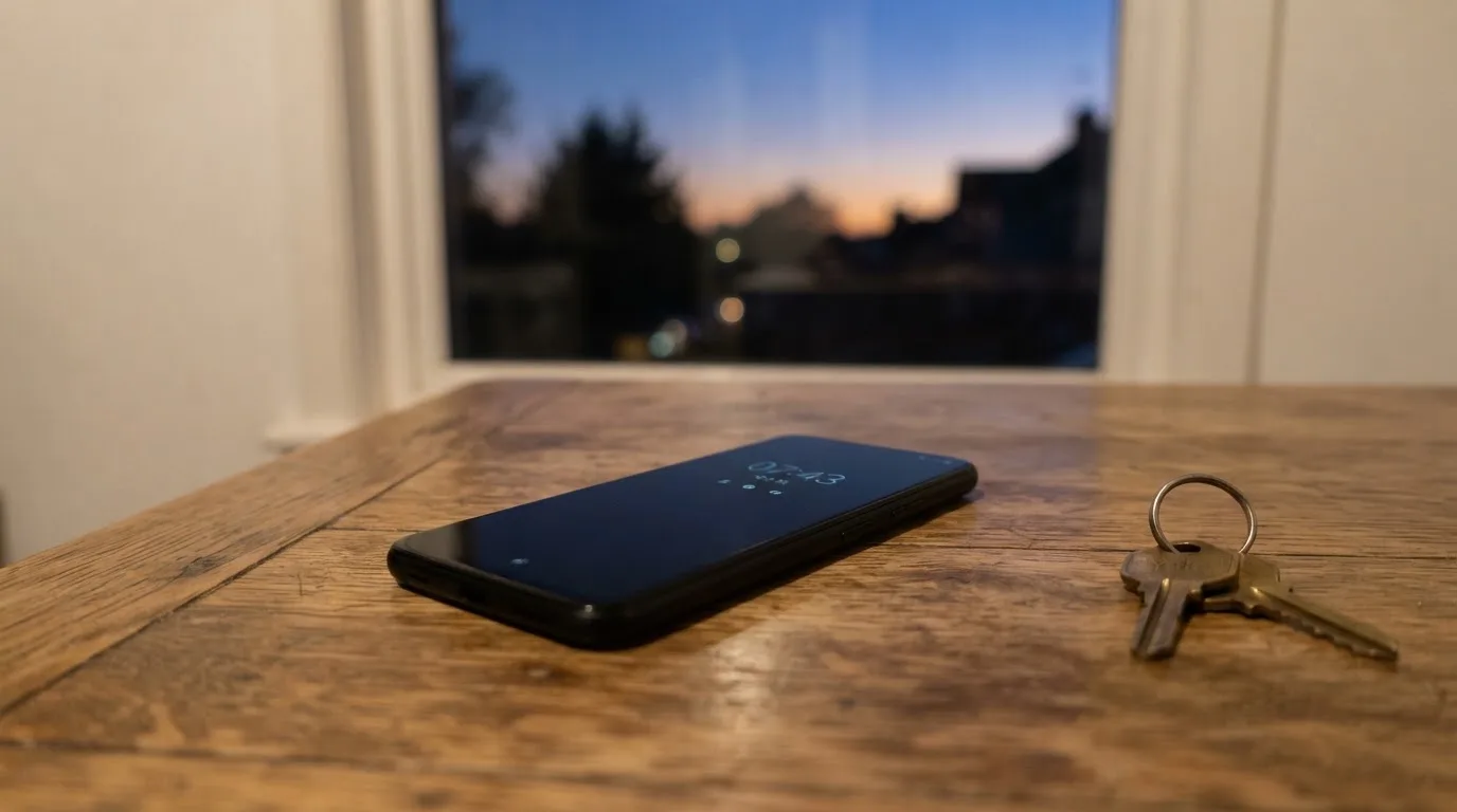 Ein Smartphone mit dunklem Display liegt auf einem Holztisch, daneben ein Schlüsselbund, im Hintergrund ein Fenster mit Abendlicht.