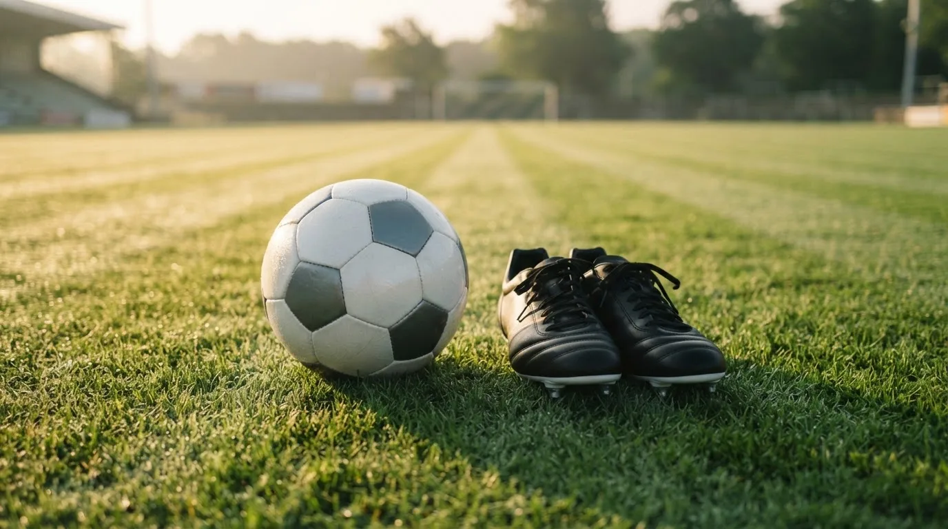 Ein Fußball auf frisch gemähtem Rasen im Morgenlicht, daneben ein Paar Fußballschuhe ohne erkennbare Marke.