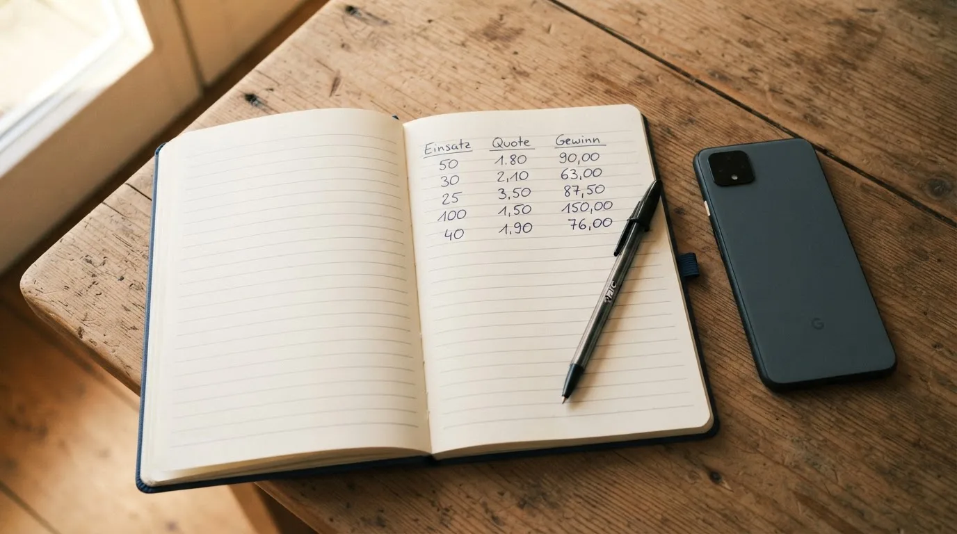 Ein Notizbuch mit handgeschriebenen Zahlen und ein Kugelschreiber liegen auf einem Tisch, daneben ein Smartphone mit schwarzem Bildschirm.