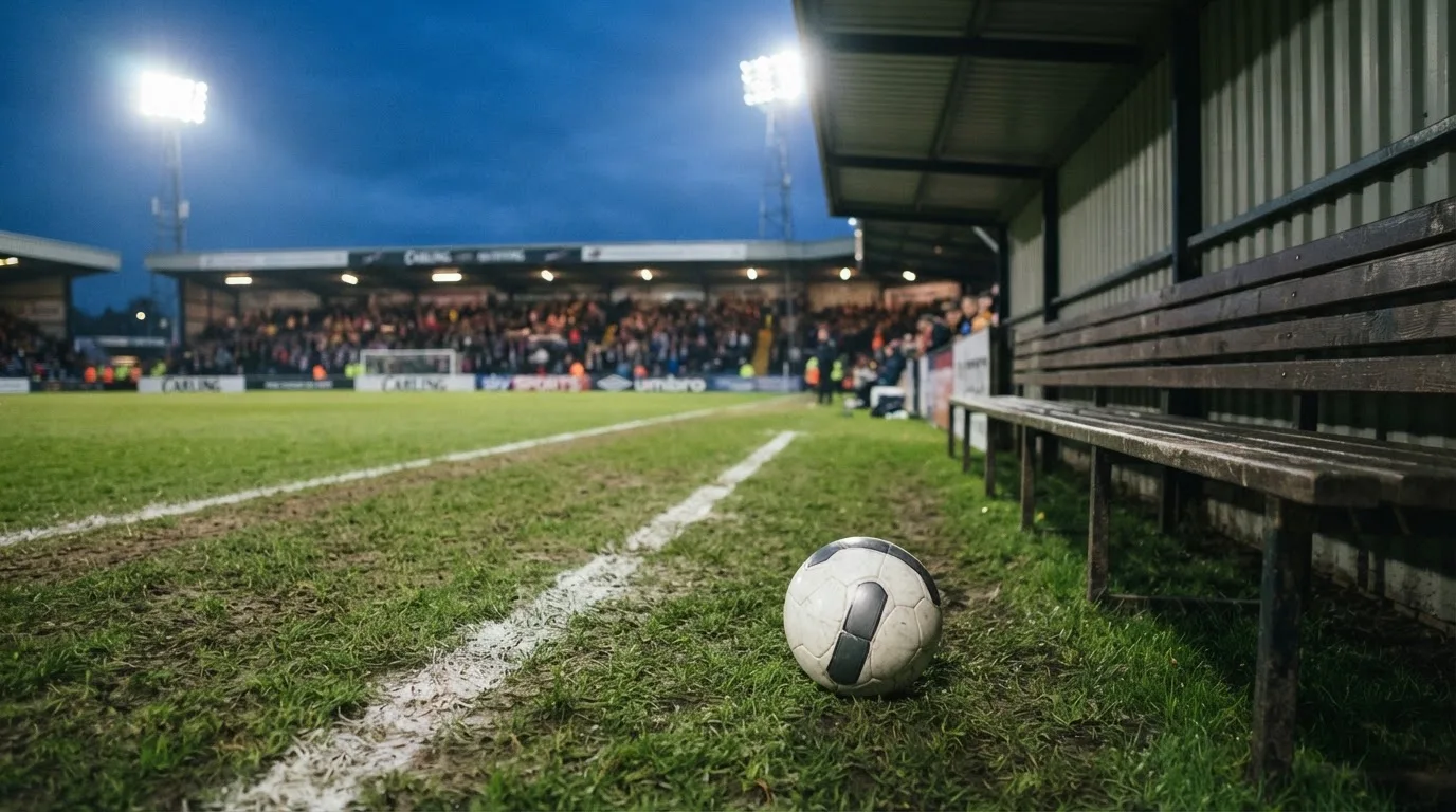 Ein Fußball liegt am Spielfeldrand neben einer leeren Ersatzbank, das Flutlicht über dem Platz leuchtet in der Dämmerung.