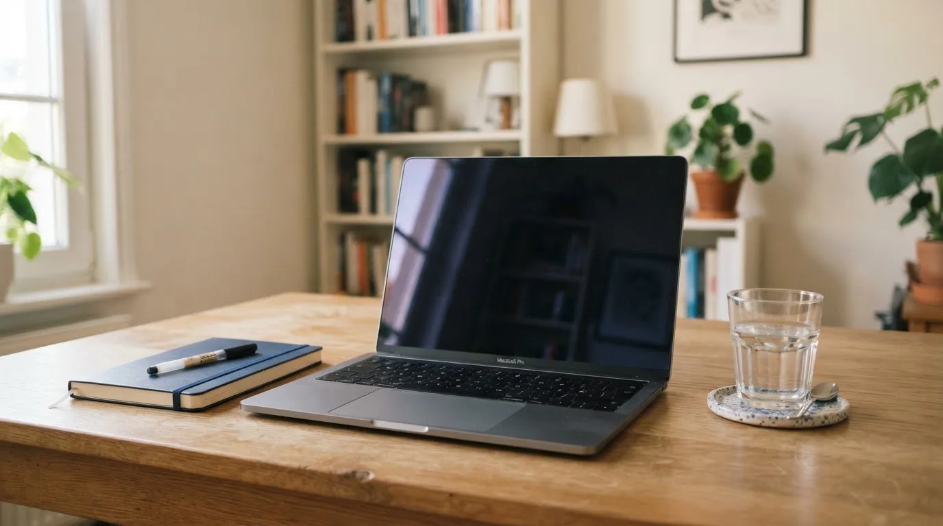 Ein Laptop mit dunklem Bildschirm steht aufgeklappt auf einem Schreibtisch, daneben ein Notizbuch und ein Glas Wasser.
