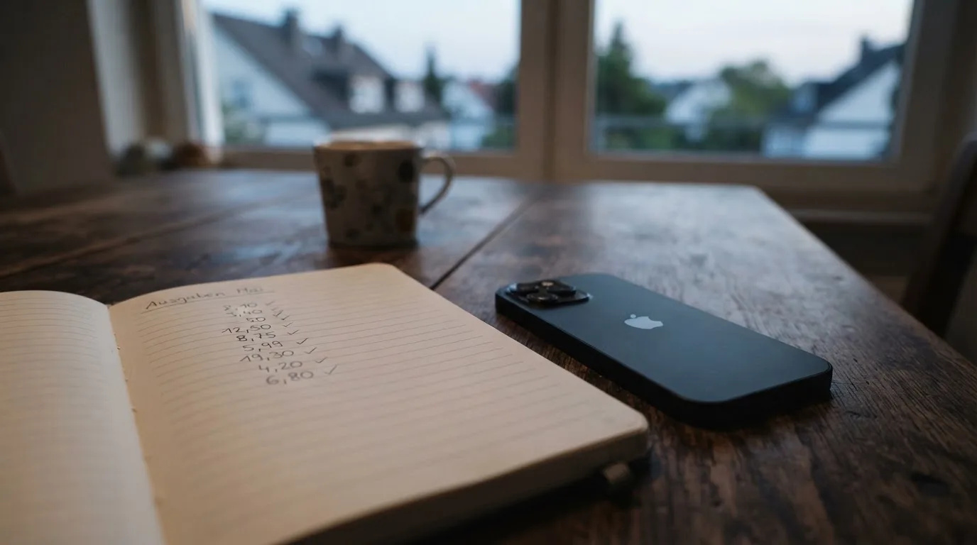 Ein Notizbuch mit handschriftlichen Zahlen liegt neben einem Smartphone mit dunklem Display auf einem Tisch, im Fenster Dämmerlicht.