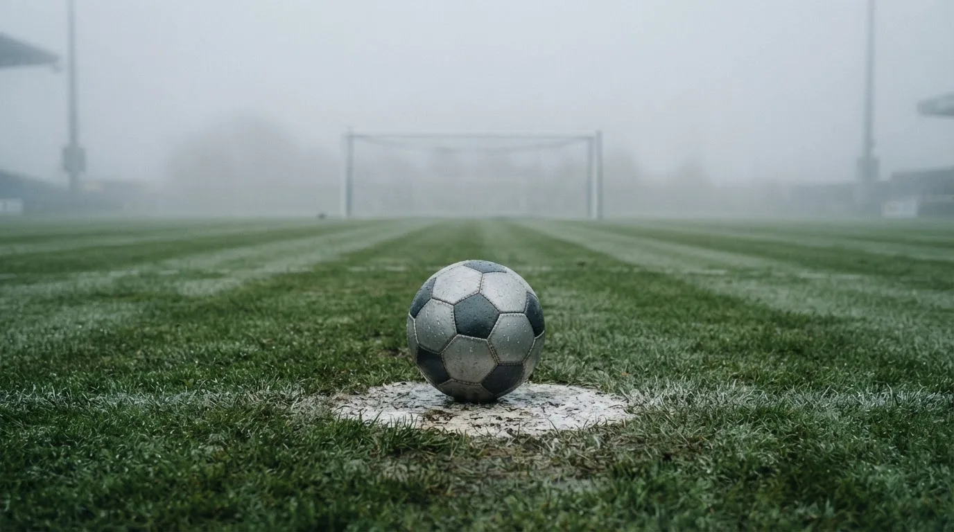 Ein Fußball liegt auf dem Elfmeterpunkt eines nassen Rasenplatzes, im Hintergrund ein leeres Tor im Nebel.