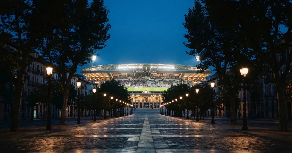 Ein großes Fußballstadion mit hell erleuchtetem Rund, aus der Ferne am Abend gesehen, davor eine breite Allee mit Laternen.