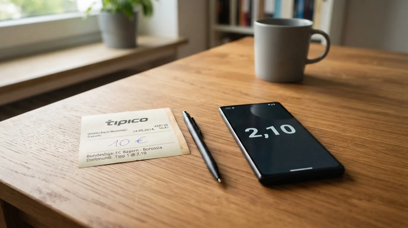 Ein leerer Papier-Wettschein und ein Kugelschreiber liegen auf einem Holztisch neben einem schwarzen Smartphone.