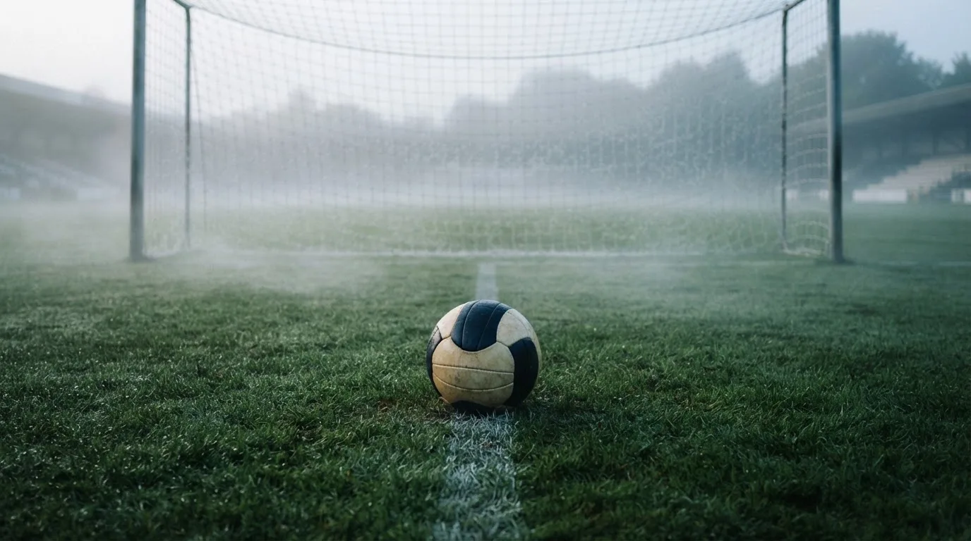 Ein Fußball liegt auf dem Rasen vor einem Tor im Morgennebel, die Netzmaschen sind taufeucht.