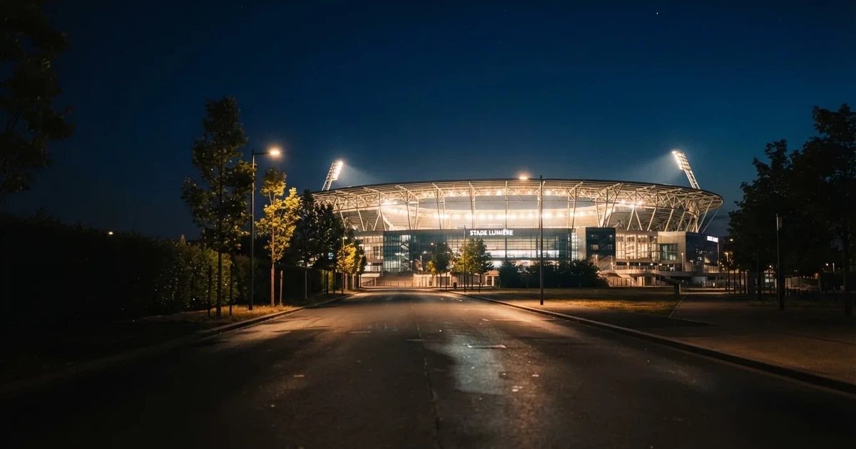 Ein hell erleuchtetes Stadion aus der Ferne bei Nacht, davor eine stille Straße und ein paar Bäume.