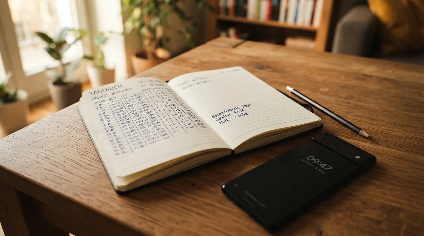 Ein Notizbuch mit handschriftlichen Zahlenreihen liegt neben einem Bleistift und einem Smartphone mit dunklem Display auf einem Tisch.