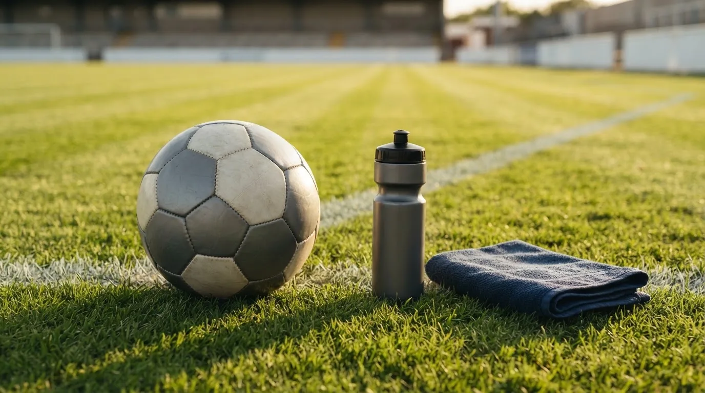 Ein Fußball auf einer Wiese neben der Seitenlinie, daneben eine Trinkflasche ohne Aufdruck und ein Handtuch.