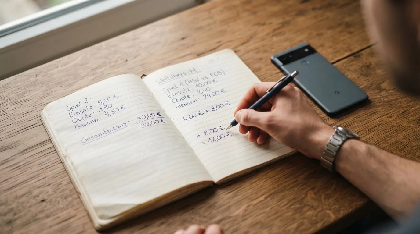 Ein Notizbuch mit handschriftlichen Notizen und ein Taschenrechner liegen auf einem Schreibtisch neben einem Smartphone mit dunklem Display.