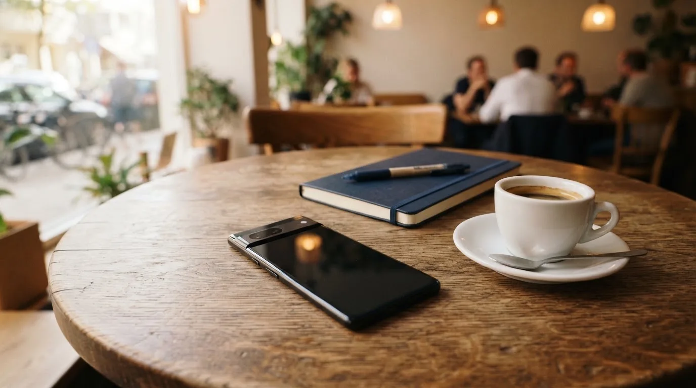 Ein Smartphone liegt mit schwarzem Display neben einer Kaffeetasse und einem Notizblock auf einem Café-Tisch.