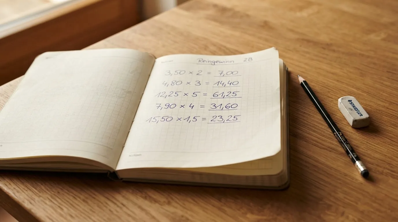 Ein Notizbuch mit handschriftlichen Multiplikationen liegt aufgeschlagen auf einem Holztisch, daneben ein Bleistift und ein Radiergummi.