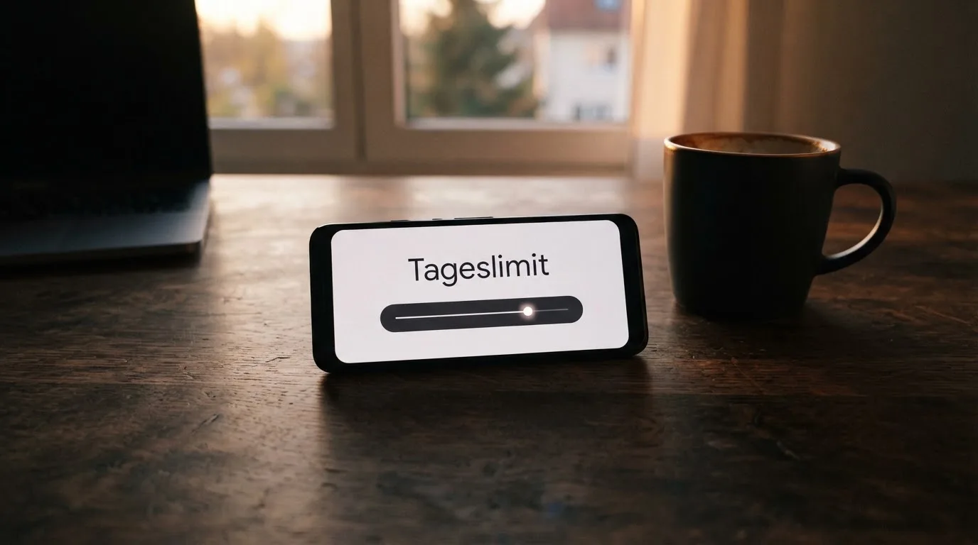 Ein Smartphone mit dunklem Display liegt neben einer Kaffeetasse auf einem Schreibtisch, durch das Fenster fällt Abendlicht.