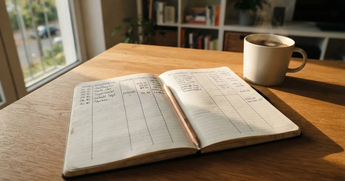 Ein aufgeschlagenes Notizbuch mit handgezeichneten Spalten und Strichen liegt neben einem Bleistift und einer Kaffeetasse auf einem Tisch am Morgen.