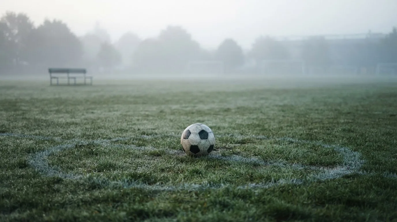 Ein Fußball liegt in der Mitte eines leeren Rasenplatzes im Morgennebel, am Rand steht eine einzelne Auswechselbank.