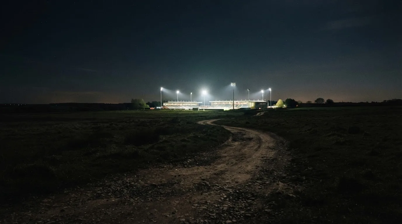 Ein Stadion unter Flutlicht von weitem gesehen, davor ein Feld und ein Feldweg im Dunkeln.